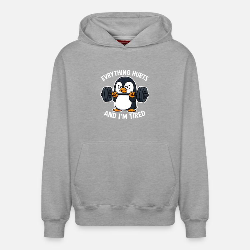 Grumpy Penguin Lifting Weights - Sweat à capuche unisexe décontracté en coton biologique – de SPREAD - gris chiné