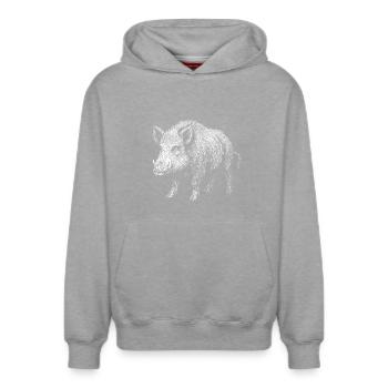 Wildschwein - Relaxed Unisex Organic Hoodie – von SPREAD - Grau meliert - Vorne - AI Model Female 172 dark (172cm) & AI Model Male 178 light (178cm)