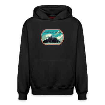 Illustration en bleu et vert du Mont Saint Michel - Sweat à capuche unisexe décontracté en coton biologique – de SPREAD - noir - Devant - AI Model Female 172 light (172cm) & AI Model Male 178 dark (178cm)
