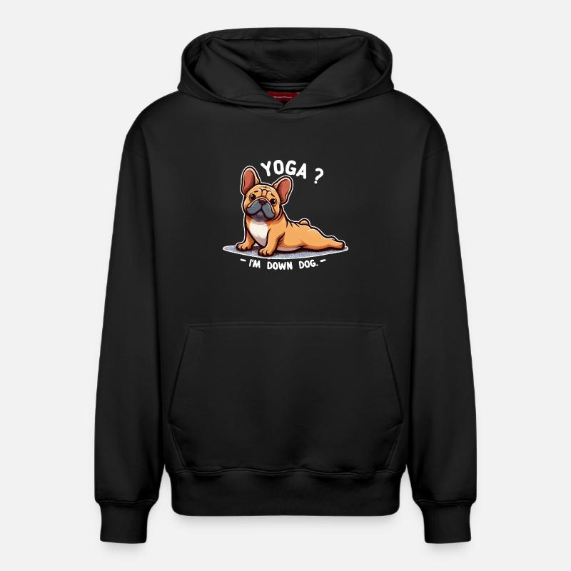 Chien Bouledogue Yoga Down Dog - Sweat à capuche unisexe décontracté en coton biologique – de SPREAD - noir