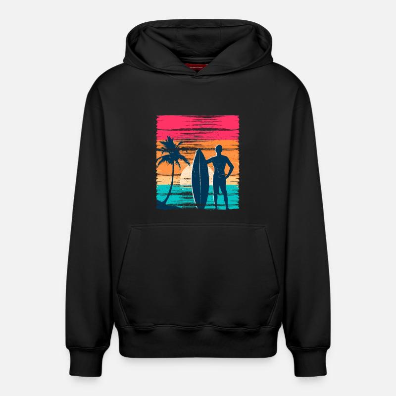 Surfeur Sunset Rétro - Sweat à capuche unisexe décontracté en coton biologique – de SPREAD - noir