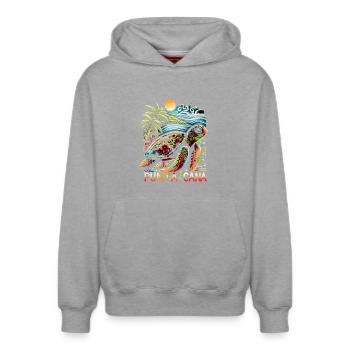 Ambiance à Punta Cana - Sweat à capuche unisexe décontracté en coton biologique – de SPREAD - gris chiné - Devant - AI Model Female 172 dark (172cm) & AI Model Male 178 light (178cm)