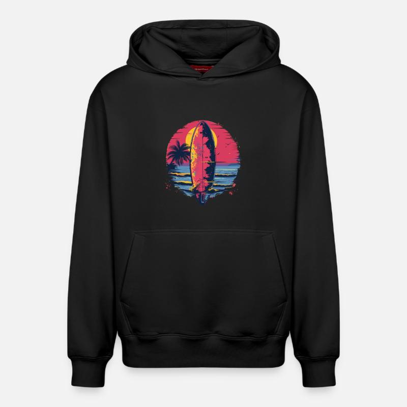 Surfboard Synthwave - Relaxed Unisex Organic Hoodie – by SPREAD - black