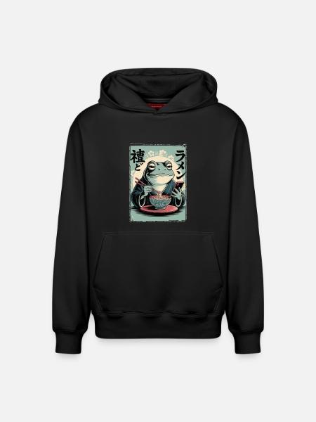 Funny frog, grumpy, Japanese art, ramen - Relaxed Unisex Organic Hoodie – by SPREAD - black