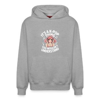 K-Pop Thing Funny Korea Music Anime - Relaxed Unisex Organic Hoodie – by SPREAD - heather grey - Front - AI Model Female 172 dark (172cm) & AI Model Male 178 light (178cm)