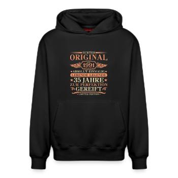 1991 Jahrgang Absolut Einmalig 35. Geburtstag - Relaxed Unisex Organic Hoodie – von SPREAD - Schwarz - Vorne - AI Model Female 172 light (172cm) & AI Model Male 178 dark (178cm)