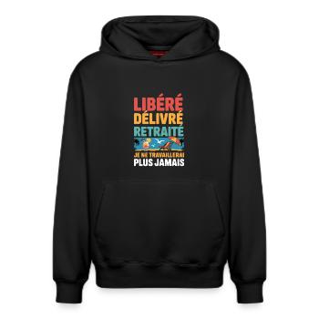 Ruhestand veröffentlicht, geliefert – Humorarbeit, Abschied - Relaxed Unisex Organic Hoodie – von SPREAD - Schwarz - Vorne - AI Model Female 172 light (172cm) & AI Model Male 178 dark (178cm)