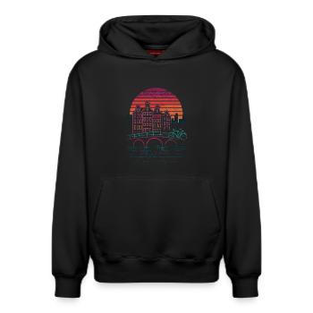 Nachtsonne über Amsterdamer Kanäle - Relaxed Unisex Organic Hoodie – von SPREAD - Schwarz - Vorne - AI Model Female 172 light (172cm) & AI Model Male 178 dark (178cm)
