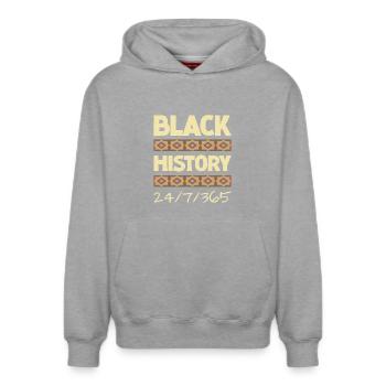 Black History 24/7/365 - Relaxed Unisex Organic Hoodie – by SPREAD - heather grey - Front - AI Model Female 172 dark (172cm) & AI Model Male 178 light (178cm)
