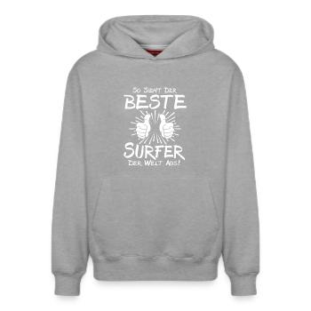 Bester Surfer - Relaxed Unisex Organic Hoodie – von SPREAD - Grau meliert - Vorne - AI Model Female 172 dark (172cm) & AI Model Male 178 light (178cm)