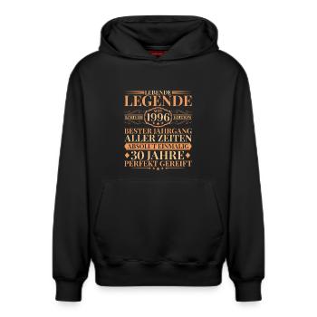 Year of manufacture Born in 1996 Unique 30th birthday - Relaxed Unisex Organic Hoodie – by SPREAD - black - Front - AI Model Female 172 light (172cm) & AI Model Male 178 dark (178cm)