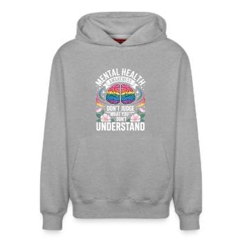 Mental Health Rainbow Brain - Relaxed Unisex Organic Hoodie – by SPREAD - heather grey - Front - AI Model Female 172 dark (172cm) & AI Model Male 178 light (178cm)