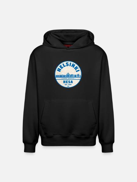 Helsinki Skyline Emblem 1550 - Relaxed Unisex Organic Hoodie – by SPREAD - black