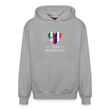 Mexico and France 100% friendship - Relaxed Unisex Organic Hoodie – by SPREAD - heather grey - Front - AI Model Female 172 dark (172cm) & AI Model Male 178 light (178cm)