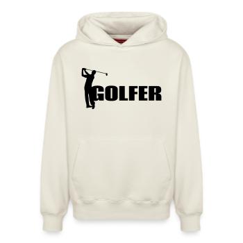 Golfer - Relaxed Unisex Organic Hoodie – by SPREAD - off white - Front - AI Model Female 172 dark (172cm) & AI Model Male 178 light (178cm)