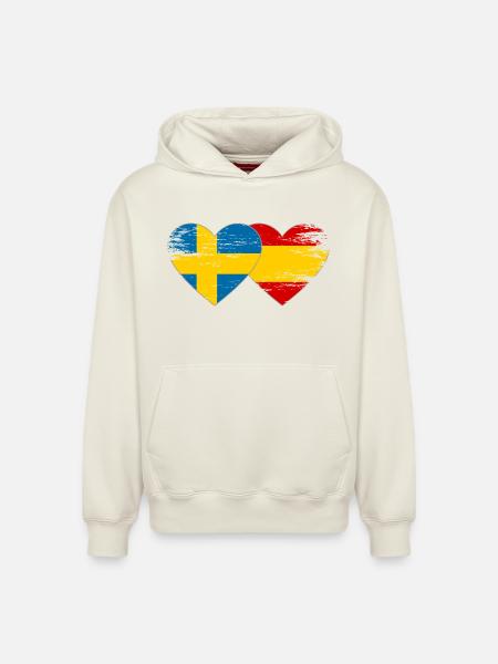 Suède Espagne Drapeau Coeur utilisé - Sweat à capuche unisexe décontracté en coton biologique – de SPREAD - blanc cassé