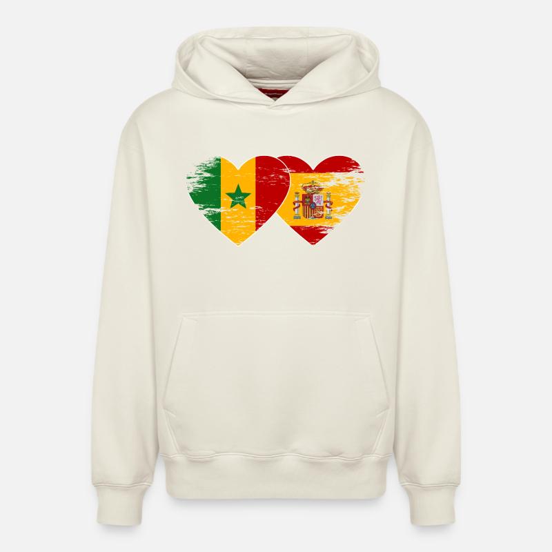 Senegal_Spanien_Flagge_Herz_used - Sweat à capuche unisexe décontracté en coton biologique – de SPREAD - blanc cassé