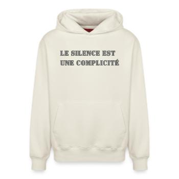 SILENCE IS COMPLICITY - Relaxed Unisex Organic Hoodie – by SPREAD - off white - Front - AI Model Female 172 dark (172cm) & AI Model Male 178 light (178cm)