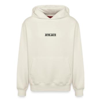 Acid Jazz - Relaxed Unisex Organic Hoodie – von SPREAD - Naturweiß - Vorne - AI Model Female 172 dark (172cm) & AI Model Male 178 light (178cm)