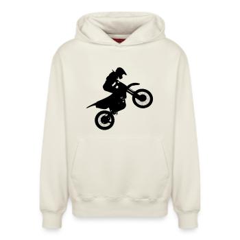 Image du pilote de motocross # - Sweat à capuche unisexe décontracté en coton biologique – de SPREAD - blanc cassé - Devant - AI Model Female 172 dark (172cm) & AI Model Male 178 light (178cm)