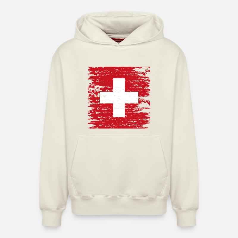 Croix suisse texturée rouge - Sweat à capuche unisexe décontracté en coton biologique – de SPREAD - blanc cassé