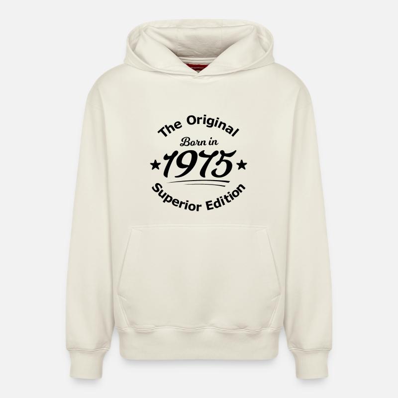Né en 1975 - Sweat à capuche unisexe décontracté en coton biologique – de SPREAD - blanc cassé