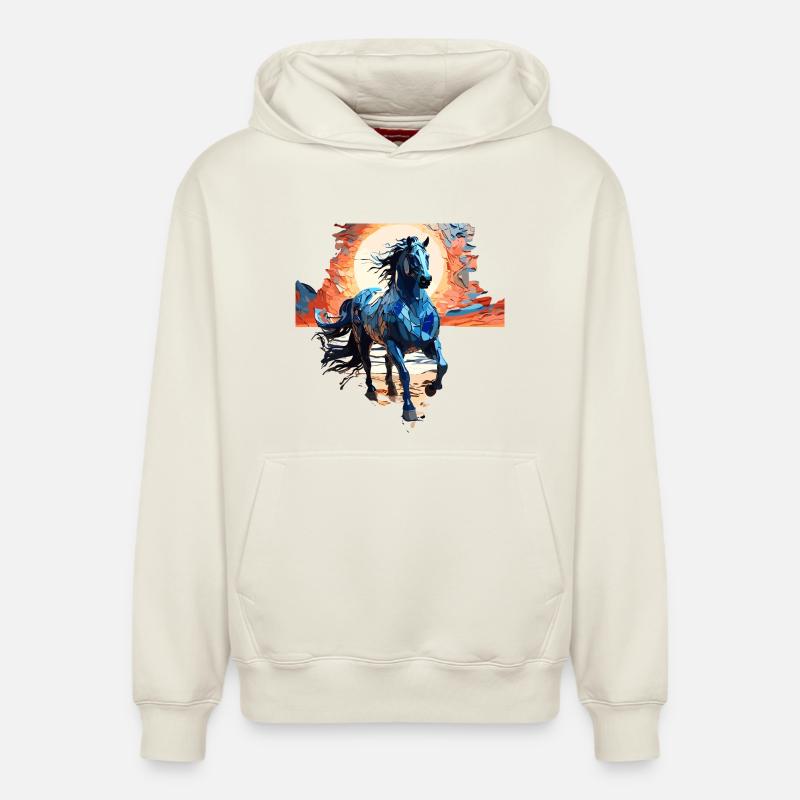 Illustration élégante de cheval bleu - Sweat à capuche unisexe décontracté en coton biologique – de SPREAD - blanc cassé