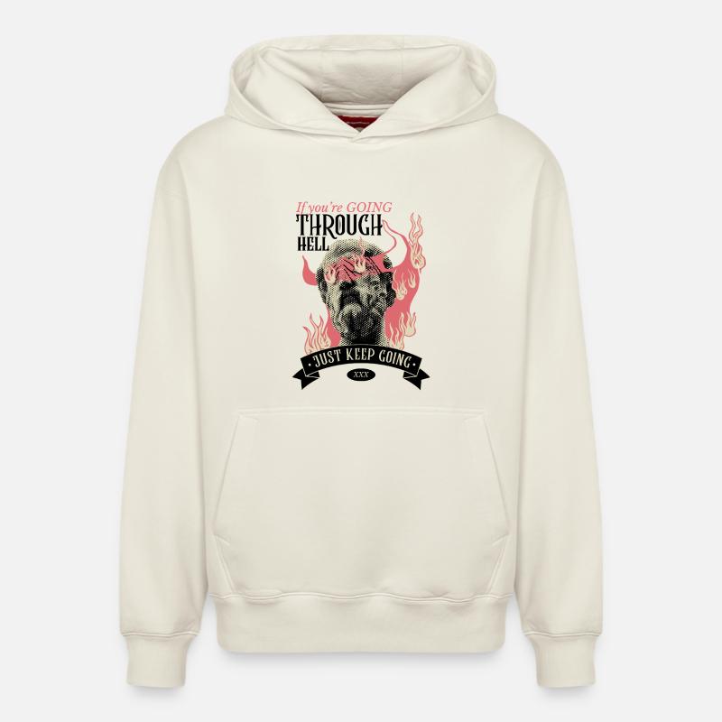À travers l’enfer ? Continuer! - Sweat à capuche unisexe décontracté en coton biologique – de SPREAD - blanc cassé