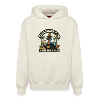 Australia Beach Cassowary Club Members Only  - Relaxed Unisex Organic Hoodie – by SPREAD - off white - Front - AI Model Female 172 dark (172cm) & AI Model Male 178 light (178cm)