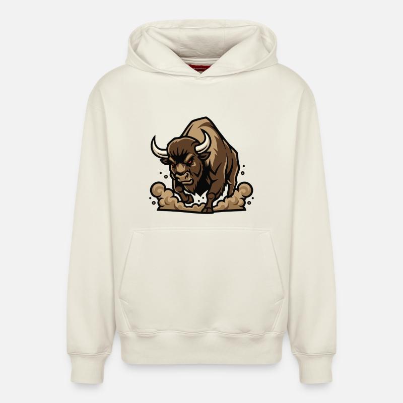 Bison Sauvage Charge Mascotte Buffalo - Sweat à capuche unisexe décontracté en coton biologique – de SPREAD - blanc cassé