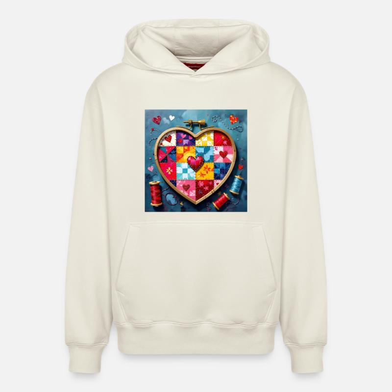 Patchwork Herz Quiltkunst - Relaxed Unisex Organic Hoodie – von SPREAD - Naturweiß
