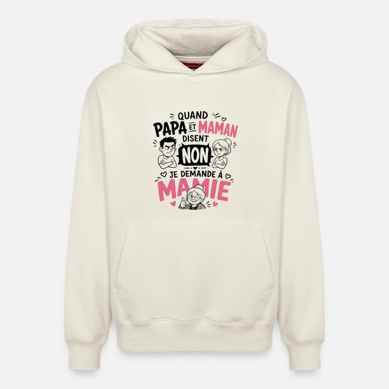 Je demande à Mamie ! - Sweat à capuche unisexe décontracté en coton biologique – de SPREAD - blanc cassé