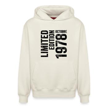 1978 - Relaxed Unisex Organic Hoodie – by SPREAD - off white - Front - AI Model Female 172 dark (172cm) & AI Model Male 178 light (178cm)