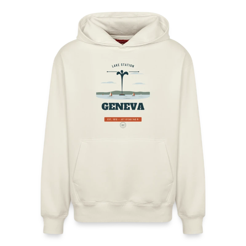 Geneva badge on a relaxed unisex organic hoodie – by spread