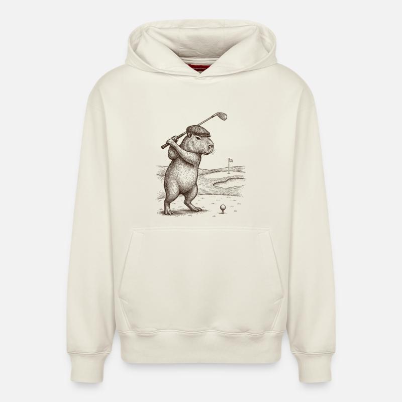 Capybara drôle jouant au golf - Sweat à capuche unisexe décontracté en coton biologique – de SPREAD - blanc cassé