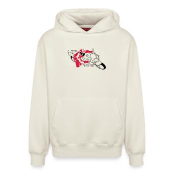 motorrad_2 - Sweat à capuche unisexe décontracté en coton biologique – de SPREAD - blanc cassé - Devant - AI Model Female 172 dark (172cm) & AI Model Male 178 light (178cm)
