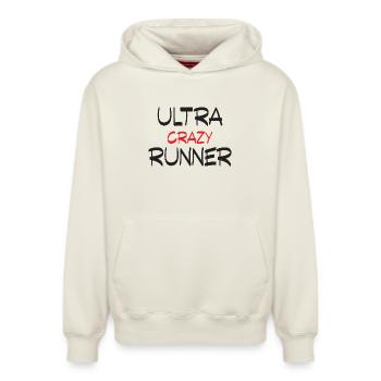Ultra Crazy Runner - Relaxed Unisex Organic Hoodie – by SPREAD - off white - Front - AI Model Female 172 dark (172cm) & AI Model Male 178 light (178cm)