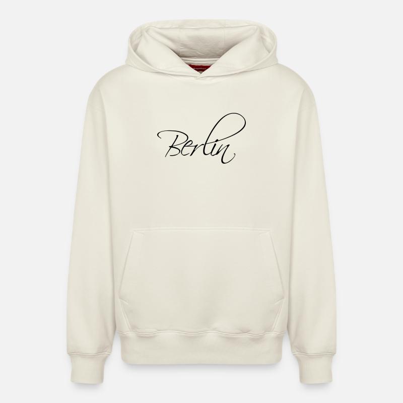 Lettrage de calligraphie de Berlin - Sweat à capuche unisexe décontracté en coton biologique – de SPREAD - blanc cassé