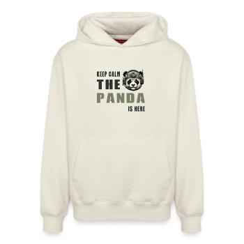 Taktischer Panda – Keep Calm - Relaxed Unisex Organic Hoodie – von SPREAD - Naturweiß - Vorne - AI Model Female 172 dark (172cm) & AI Model Male 178 light (178cm)