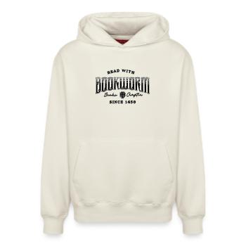 Bookworm T-Shirt – Read With Bookworm – Bücherwurm - Relaxed Unisex Organic Hoodie – by SPREAD - off white - Front - AI Model Female 172 dark (172cm) & AI Model Male 178 light (178cm)