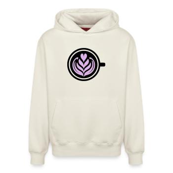 Kaffee-Liebe: Latte art Herz Vektor - Relaxed Unisex Organic Hoodie – von SPREAD - Naturweiß - Vorne - AI Model Female 172 dark (172cm) & AI Model Male 178 light (178cm)