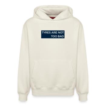 Tyres are not too bad - Motor Sport Radio Message - Relaxed Unisex Organic Hoodie – by SPREAD - off white - Front - AI Model Female 172 dark (172cm) & AI Model Male 178 light (178cm)