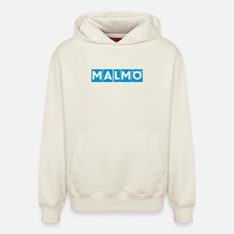 Malmö – Conception de texte bleu - Sweat à capuche unisexe décontracté en coton biologique – de SPREAD - blanc cassé