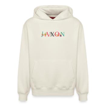 JAXON Name Art avec des fleurs brodées - Sweat à capuche unisexe décontracté en coton biologique – de SPREAD - blanc cassé - Devant - AI Model Female 172 dark (172cm) & AI Model Male 178 light (178cm)