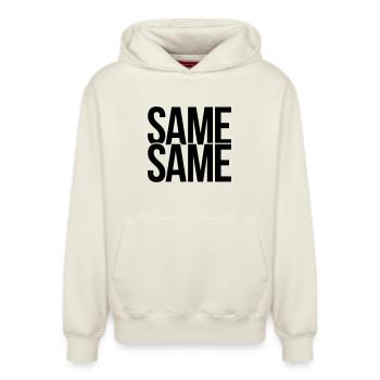 same same - Relaxed Unisex Organic Hoodie – von SPREAD - Naturweiß - Vorne - AI Model Female 172 dark (172cm) & AI Model Male 178 light (178cm)