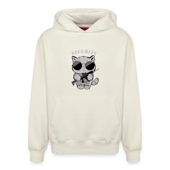 Agent de sécurité Cat avec pistolet - Sweat à capuche unisexe décontracté en coton biologique – de SPREAD - blanc cassé - Devant - AI Model Female 172 dark (172cm) & AI Model Male 178 light (178cm)