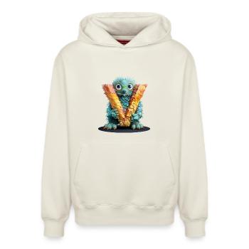 Gefiederte Kreatur mit dem Buchstaben V - Relaxed Unisex Organic Hoodie – von SPREAD - Naturweiß - Vorne - AI Model Female 172 dark (172cm) & AI Model Male 178 light (178cm)