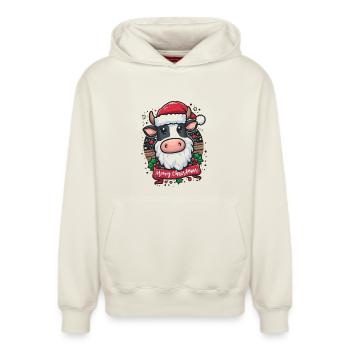 Moo-ey Christmas Kawaii Cow Funny Santa Claus - Relaxed Unisex Organic Hoodie – by SPREAD - off white - Front - AI Model Female 172 dark (172cm) & AI Model Male 178 light (178cm)