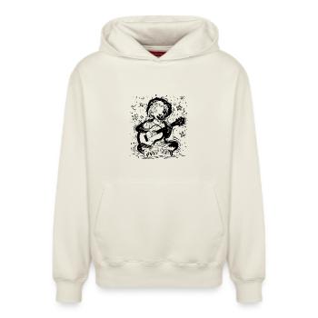 Ukulélé Enfant - Sweat à capuche unisexe décontracté en coton biologique – de SPREAD - blanc cassé - Devant - AI Model Female 172 dark (172cm) & AI Model Male 178 light (178cm)
