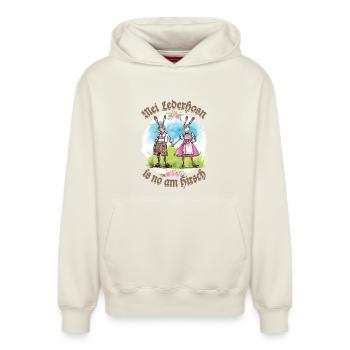 Mei Lederhosn is no am Hirsch - Tracht - Gaudi - Relaxed Unisex Organic Hoodie – by SPREAD - off white - Front - AI Model Female 172 dark (172cm) & AI Model Male 178 light (178cm)